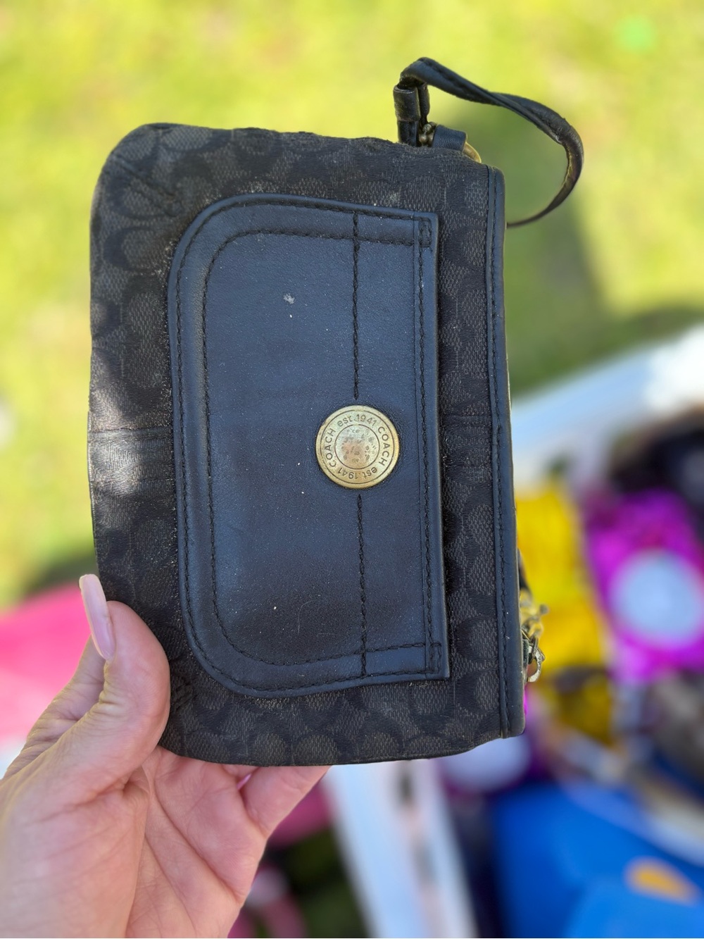 Coach Black Signature Coin Wristlet with Gold Emblem